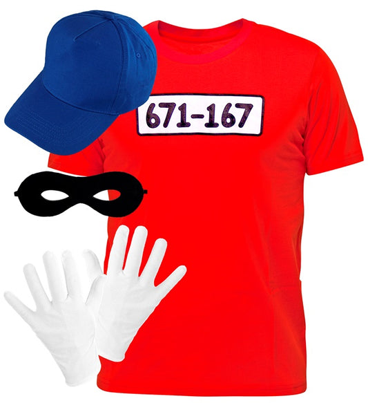 Dieb-Kostüm Set mit T-Shirt, schwarzen Handschuhen, Augenmaske und Basecap