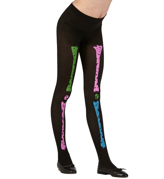 Neon Skelett Strumpfhose 70 DEN mit leuchtendem Skelettmuster unter Schwarzlicht