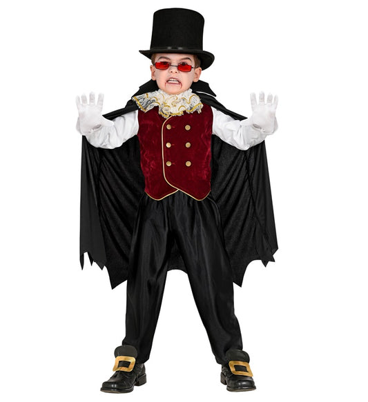 Vampir-Kostüm mit Hemd, Weste, Jabot und schwarzem Umhang mit Stehkragen