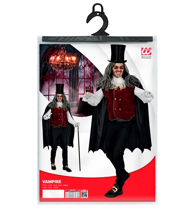 Elegantes Vampir-Kostüm mit Hemd, Weste, Jabot und Umhang mit hohem Kragen