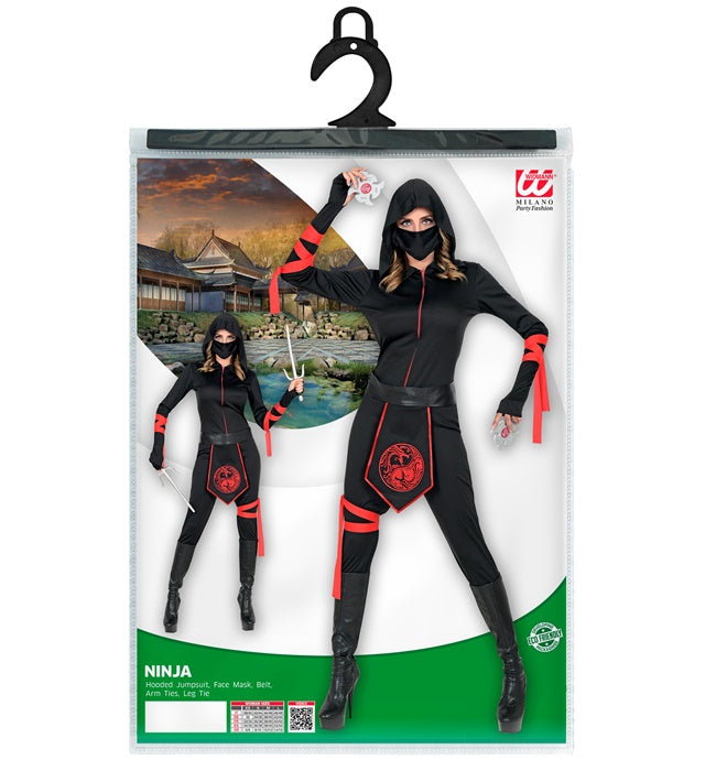 Ninja Kostüm Komplettset mit Kapuze und Gesichtsmaske auf neutralem Hintergrund