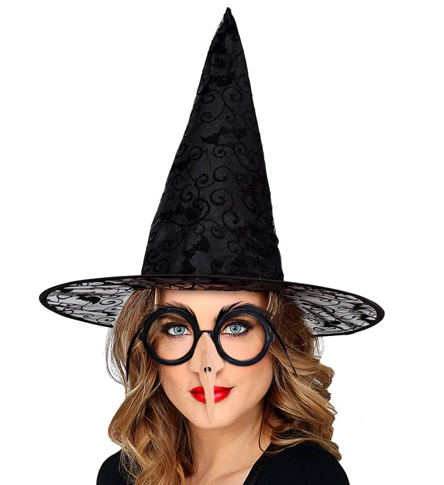Schwarzer Hexenhut mit Fledermaus-Applikationen für Fasnacht und Halloween