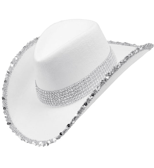 Weisser Cowgirl Partyhut aus klassischem Material für Fasnacht und Karneval
