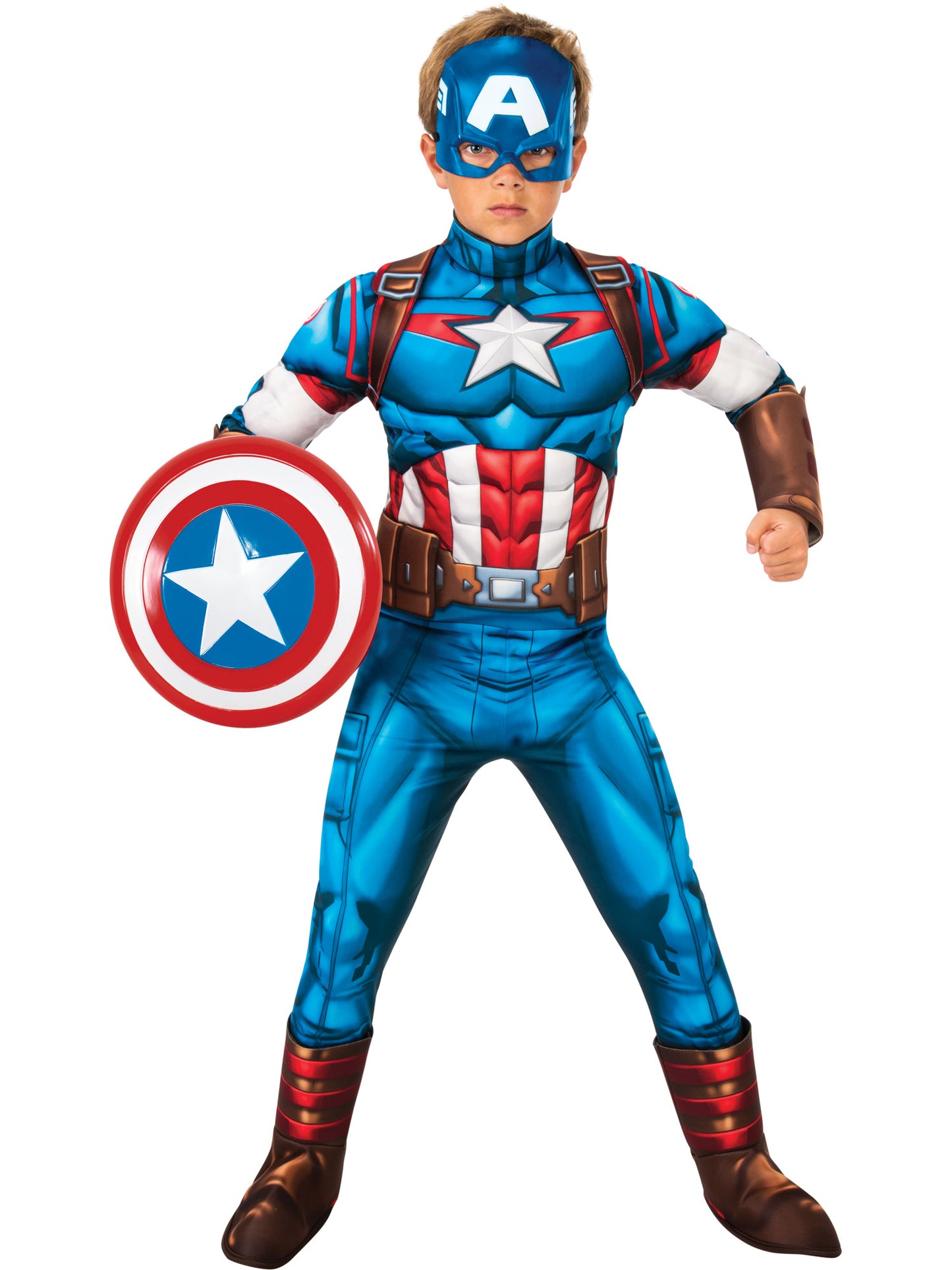 Captain America Deluxe Kinderkostüm für Jungen von Rubies mit Overall, Stiefelüberzügen und Maske – Detailansicht