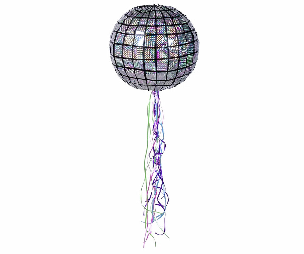 Holographische Diskokugel Piñata mit 30 cm Durchmesser, ideal für Partys und Dekoration.