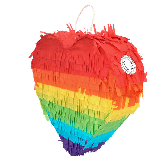 Kleine Regenbogen-Herz-Piñata in Geschenkbox mit buntem Tissuepapier und 20x20 cm Größe.