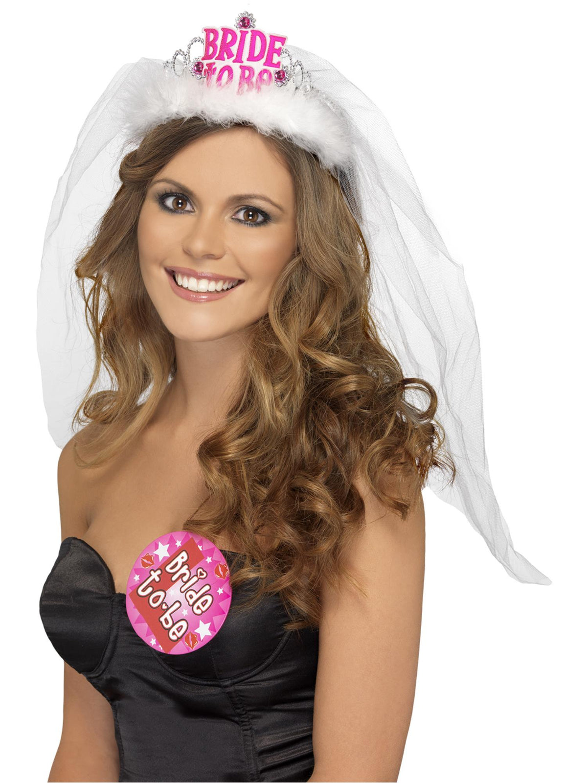 Smiffys Bride to Be Tiara mit Schleier in Weiss mit pinkem Schriftzug für Damen