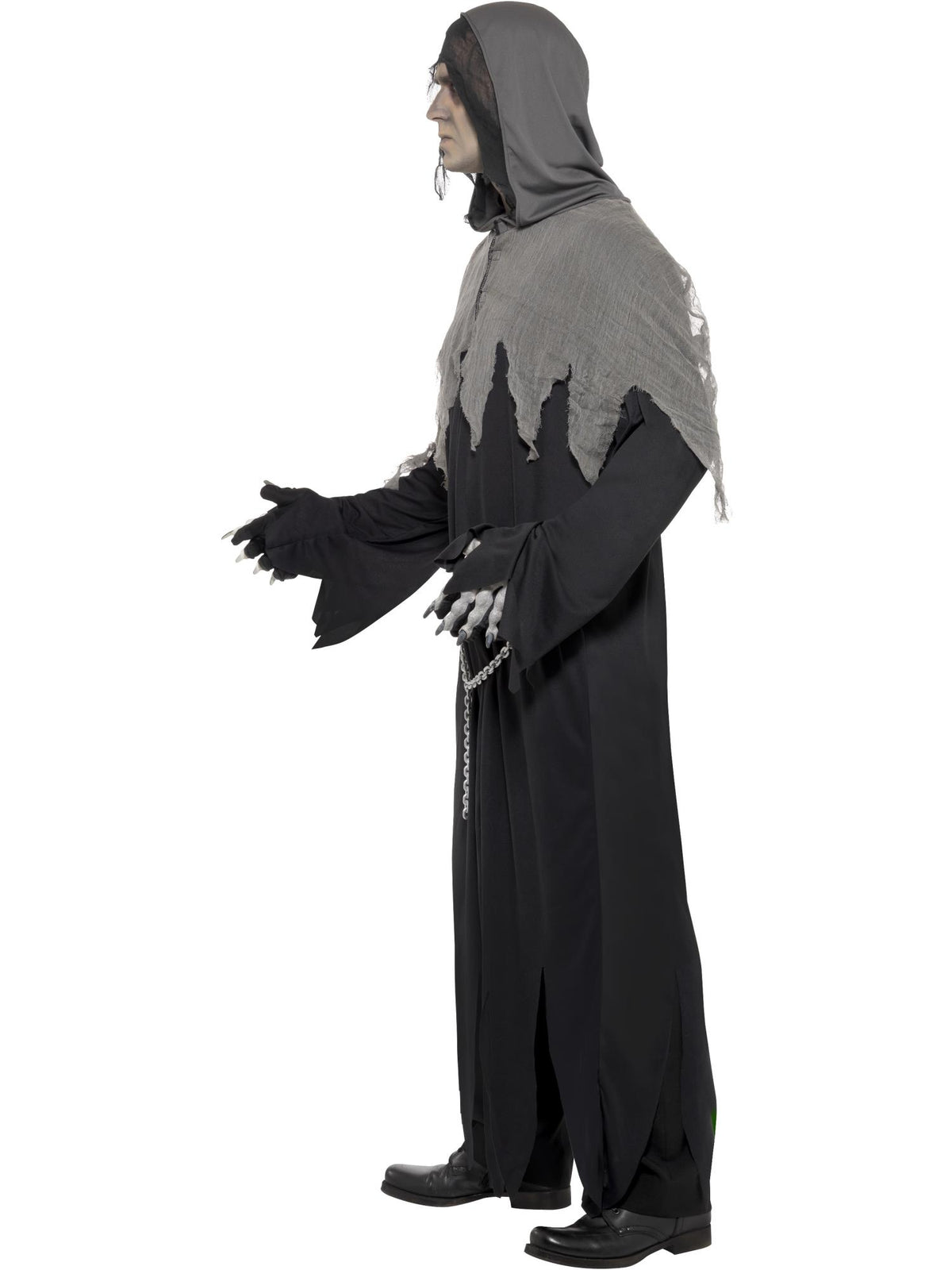 Smiffys schwarze Grim-Reaper-Robe mit Kapuze und Kette für Erwachsene – Seitenansicht