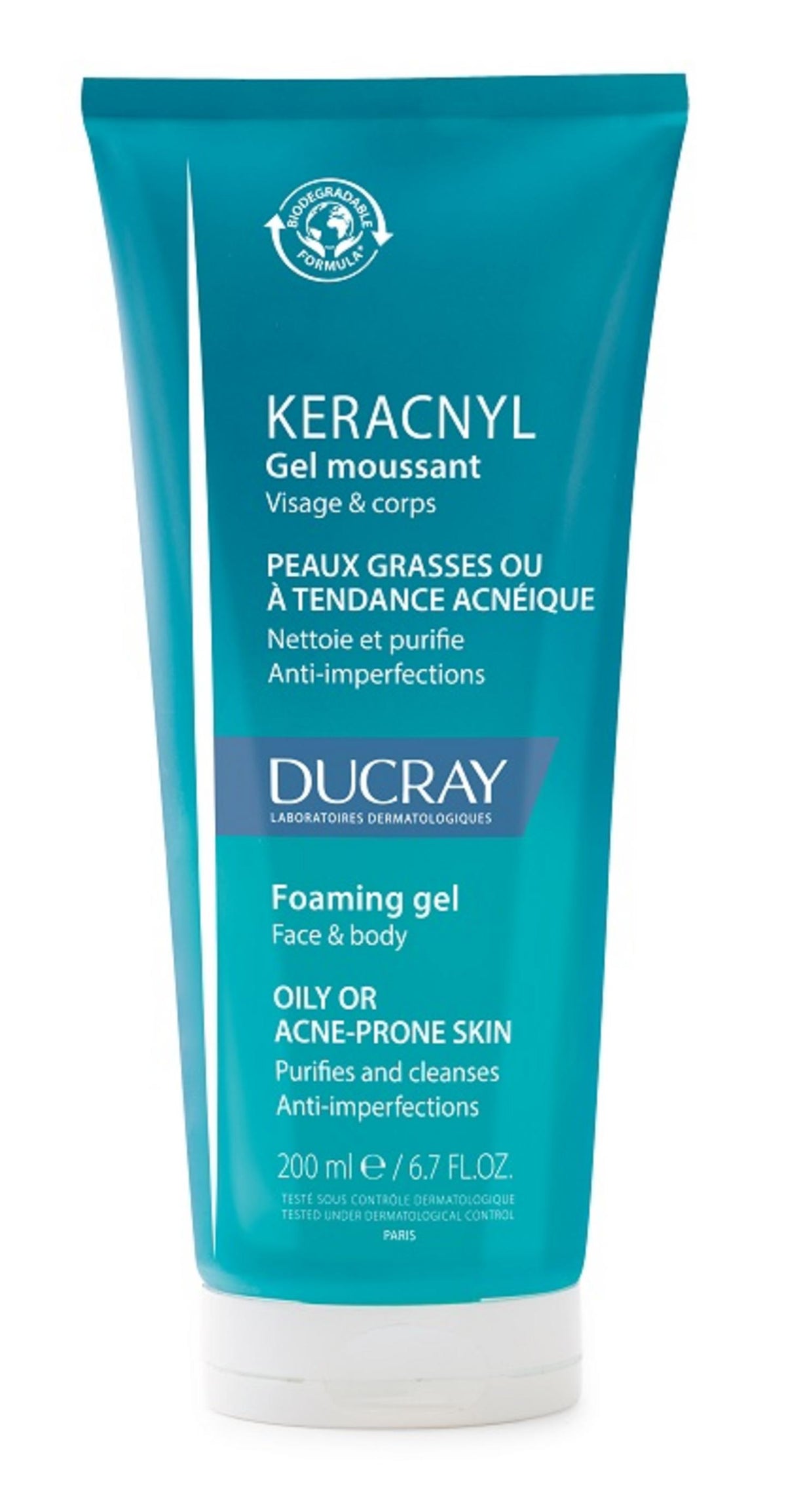 Ducray, Keracnyl, Biologisch abbaubar, Duft, Reinigung, Duschgel, Gesicht, Oily, 200 ml