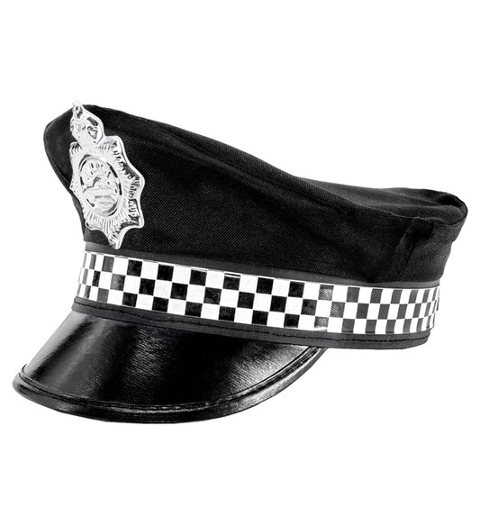 Englischer Polizistenhut schwarz mit Abzeichen, Fasnacht Kostümzubehör