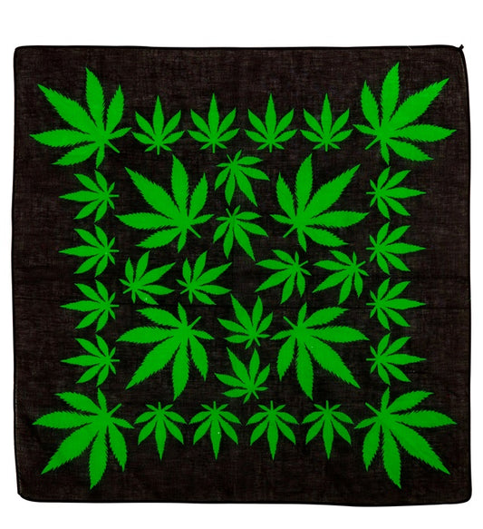 Bandana mit Marihuana-Motiv in grün auf schwarzem Stoff, 55x55 cm