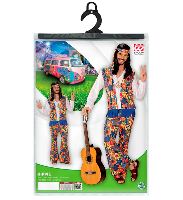 Hippie-Kostüm mit Hemd, Weste, Hose, Kopftuch und Peace-Kette