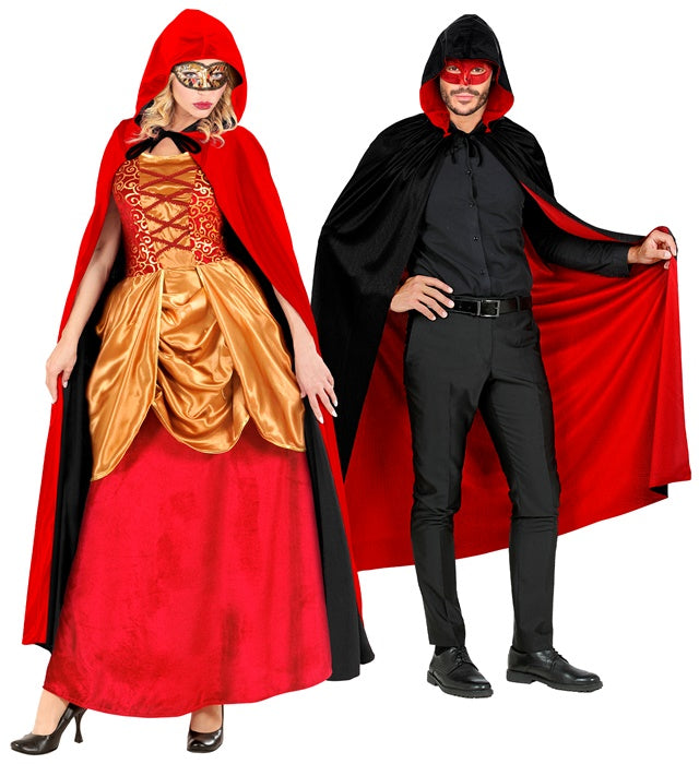 Wendbarer schwarzer und roter Umhang mit Kapuze, 140 cm lang