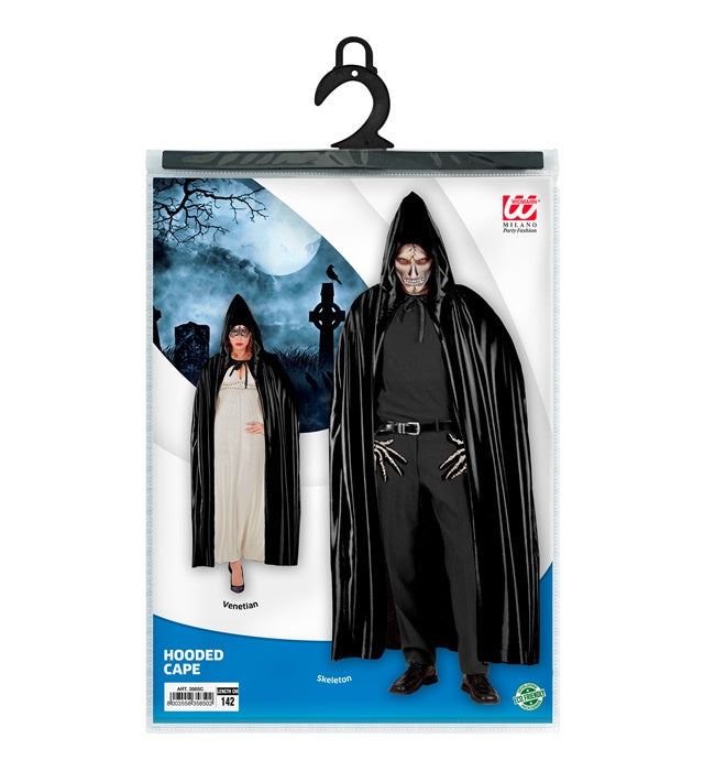Schwarzer Umhang mit Kapuze, 142 cm lang, als Kostümzubehör für Fasnacht und Halloween
