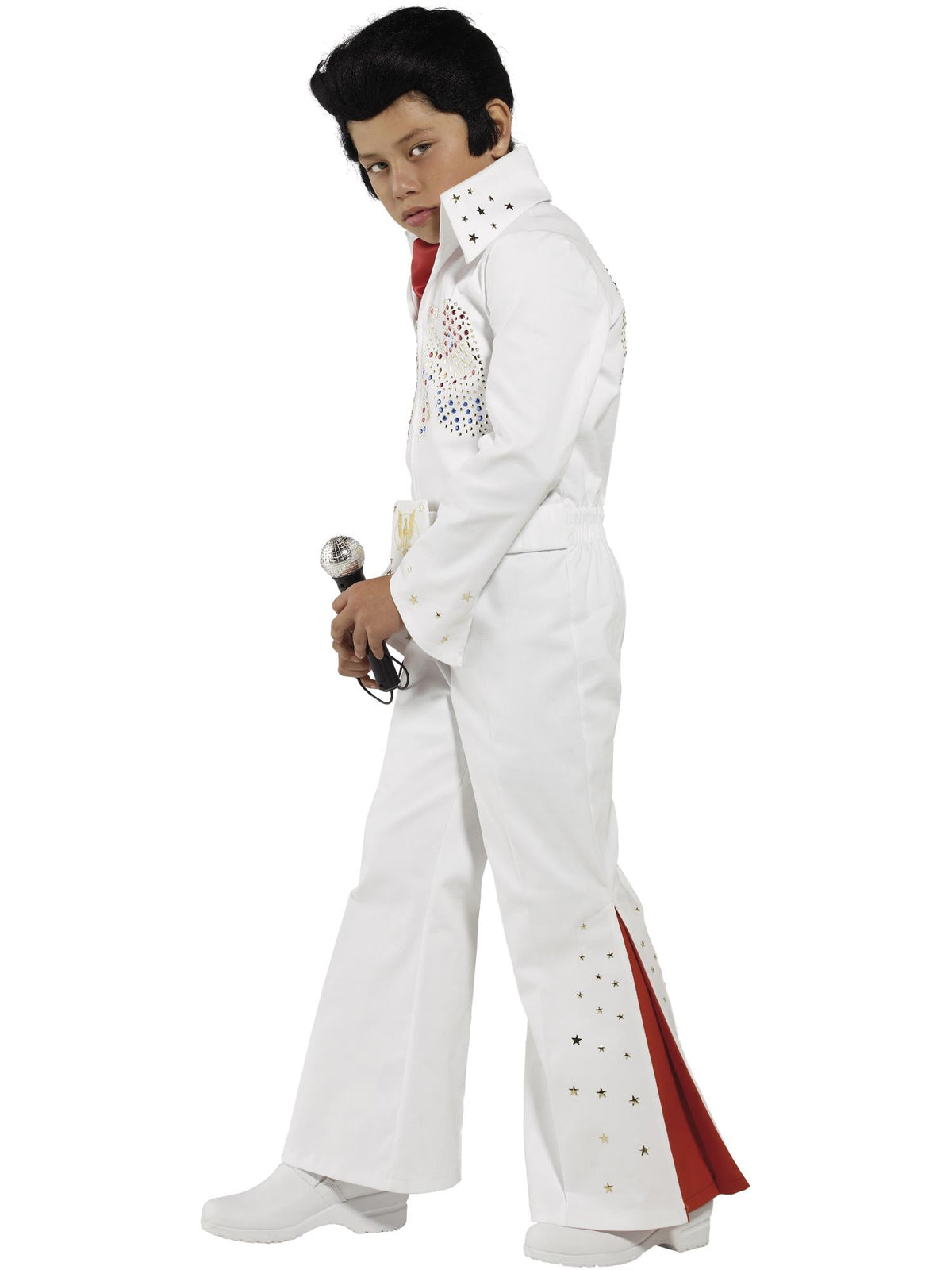 Smiffys weisses Elvis-Kostuem fuer Jungen mit Overall und Schal – Detailansicht