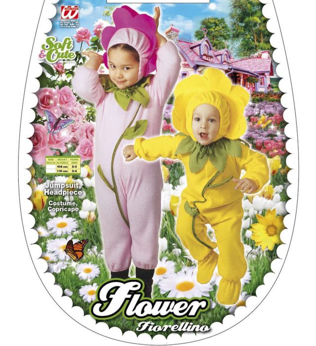 Blümchen Kostüm mit buntem Kleid und passender Kopfbedeckung für Fasnacht