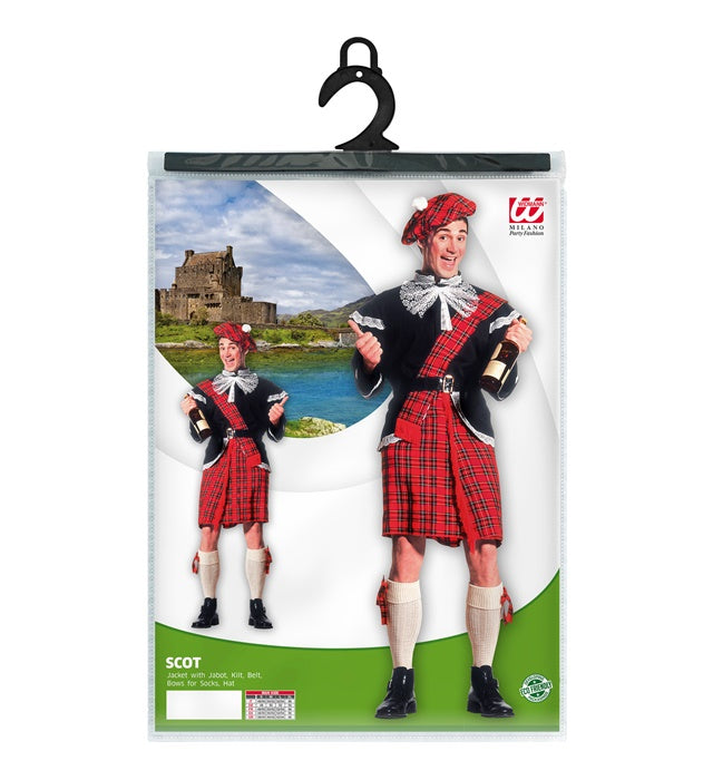 Schotte-Kostüm mit Jacke, Kilt, Gürtel, Hut und Strumpfschleifen für Fasnacht