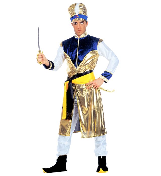 Maharadscha-Kostüm mit langem Kasack, Hose, Gürtel, Schuhüberziehern und Turban mit Edelsteinen