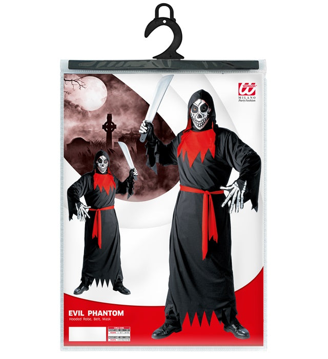 Evil Phantom Kostüm mit schwarzer Kapuzenrobe, Gürtel und Maske