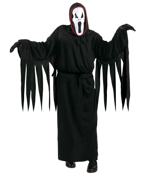 Scream Ghost Kostüm mit schwarzer Tunika, Gürtel und Maske mit Kapuze für Fasnacht
