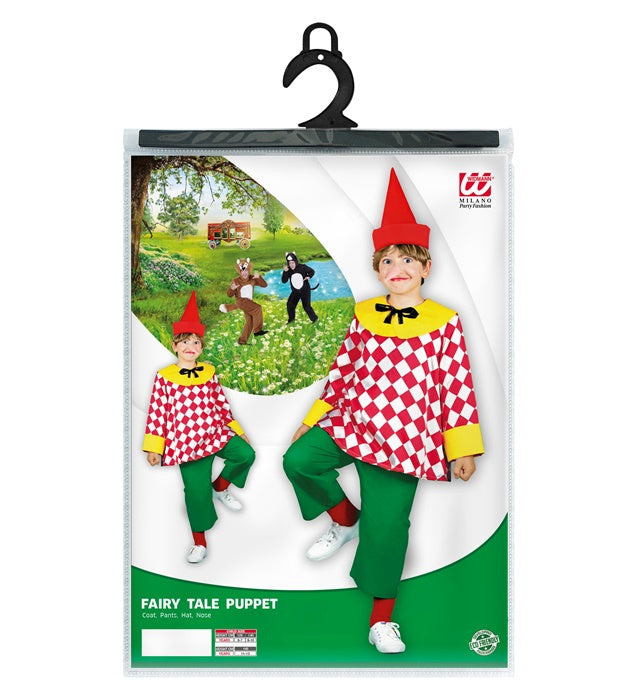 Märchen-Marionette Kostüm bestehend aus Mantel, Hose, Hut und Nase auf weißem Hintergrund