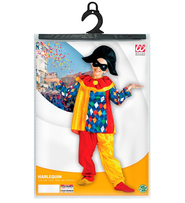 Harlekin-Kostüm mit buntem Mantel, Hose, Hut und Maske für Fasnacht