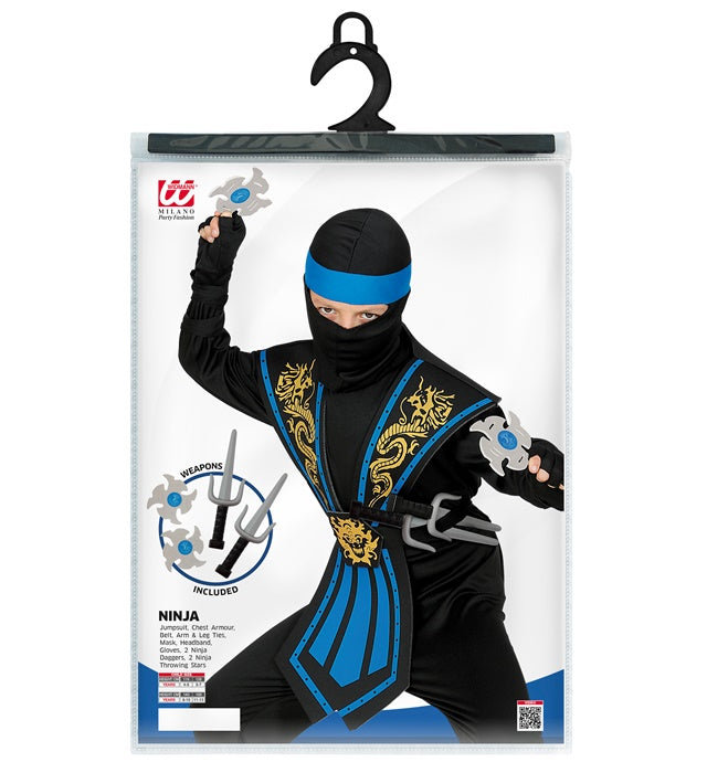 Blauer Kombat Ninja Kostüm mit Waffen-Set bestehend aus Overall, Brustrüstung, Maske und Ninjawaffen