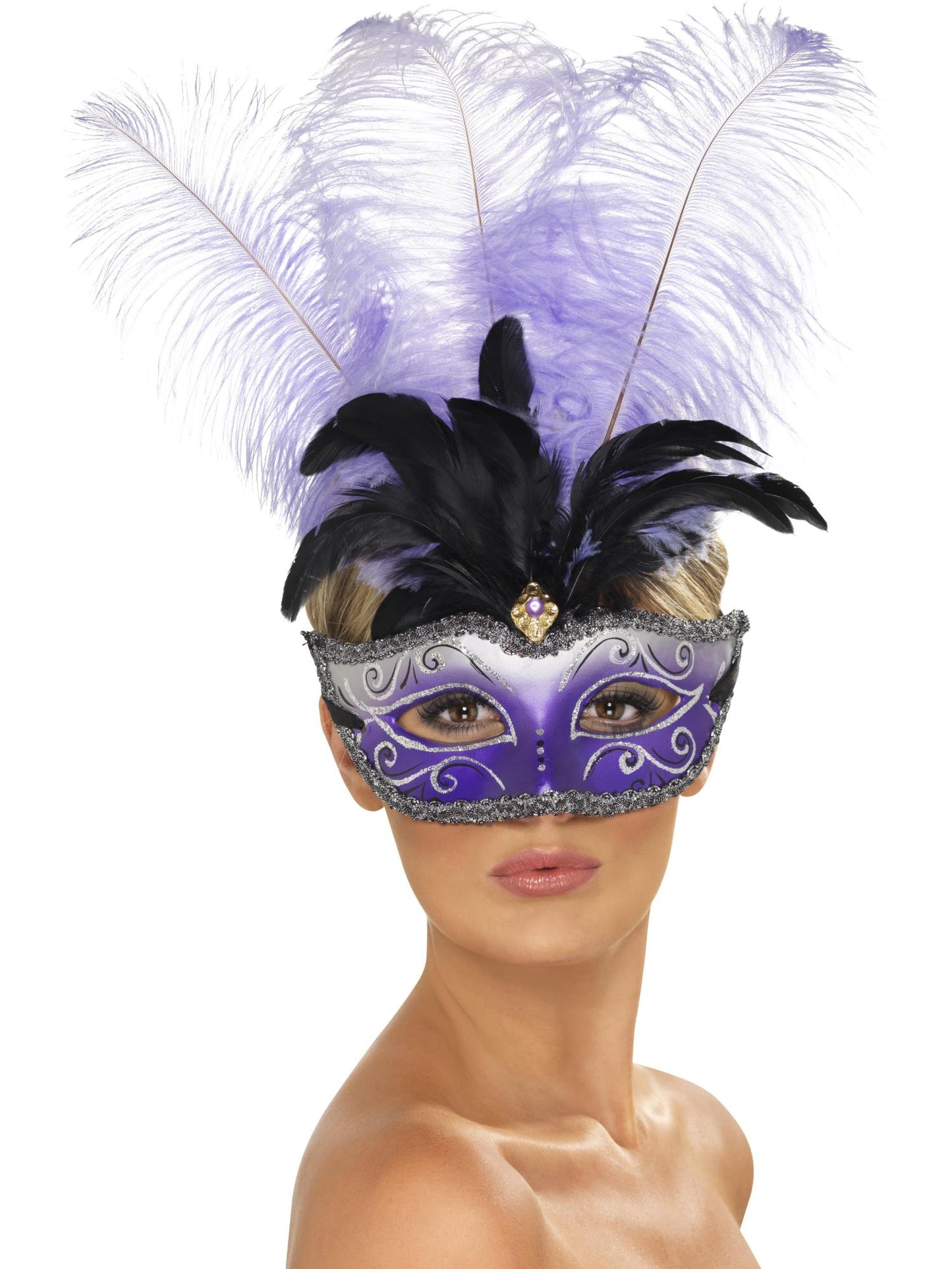 Smiffys Venetian Colombina Eyemask with Multicolour Plume, für Unisex