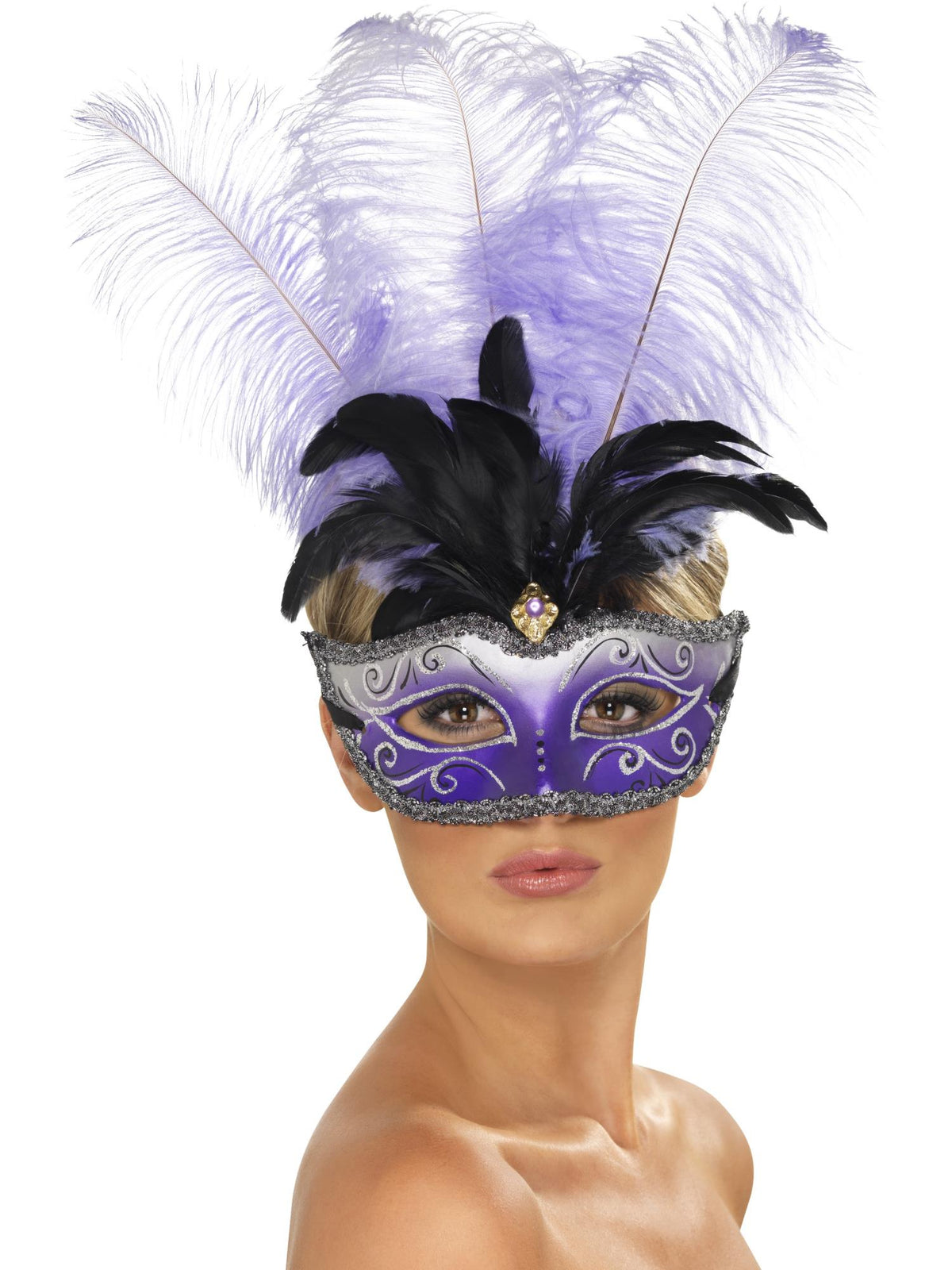 Smiffys Venetian Colombina Augenmaske mit mehrfarbiger Feder für Erwachsene