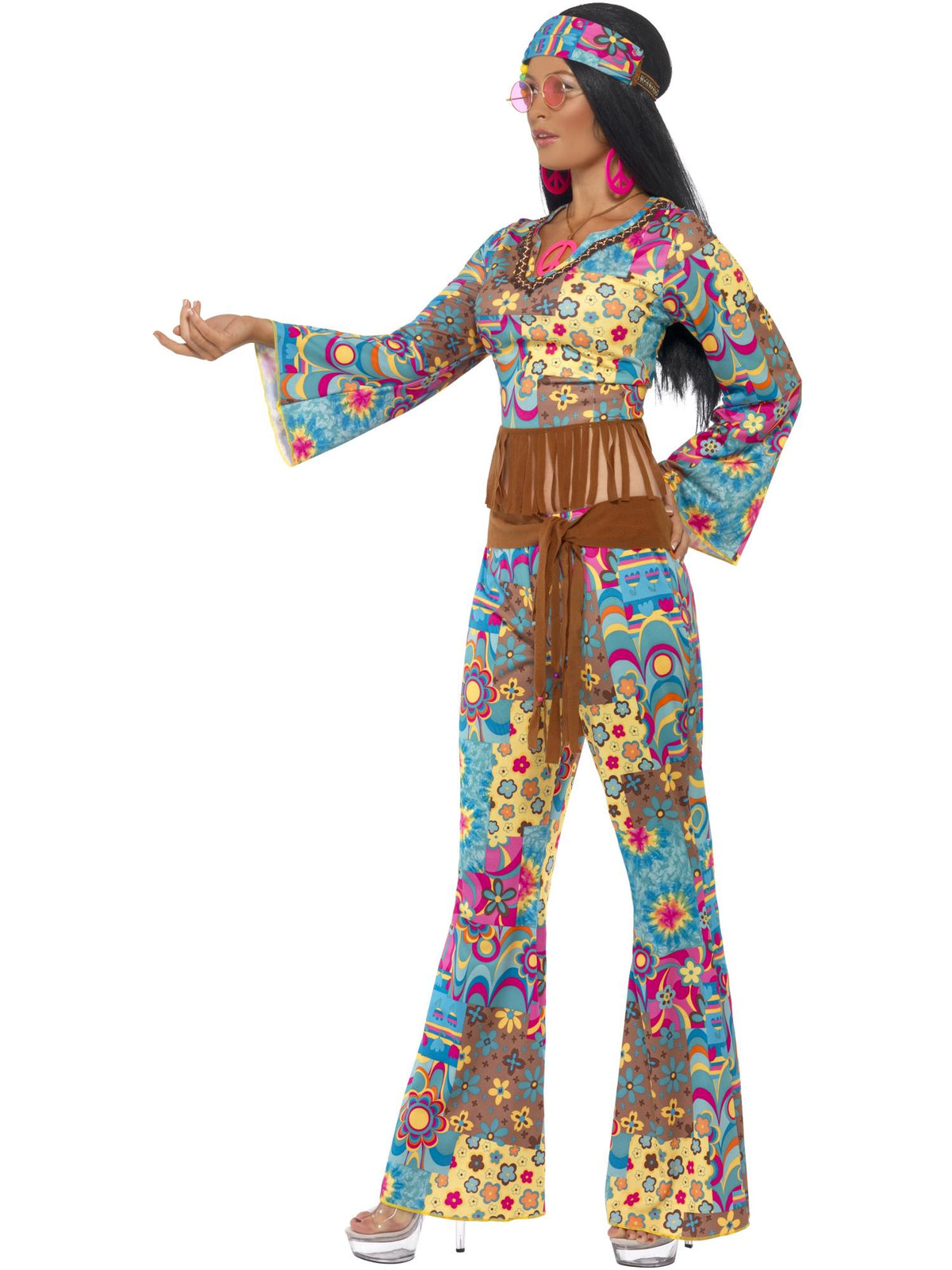 Smiffys Hippie Flower Power Kostüm für Damen mit Oberteil Hose Stirnband und Gürtel – Seitenansicht