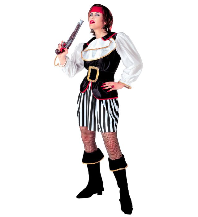 Piratin-Kostüm mit Kasack, Jabot, Rock, Gürtel, Stiefelüberziehern und Haarband