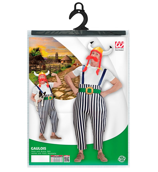 Gallier-Kostüm mit Helm, Maxi-Hose, Hosenträgern und Schnurrbart für Fasnacht