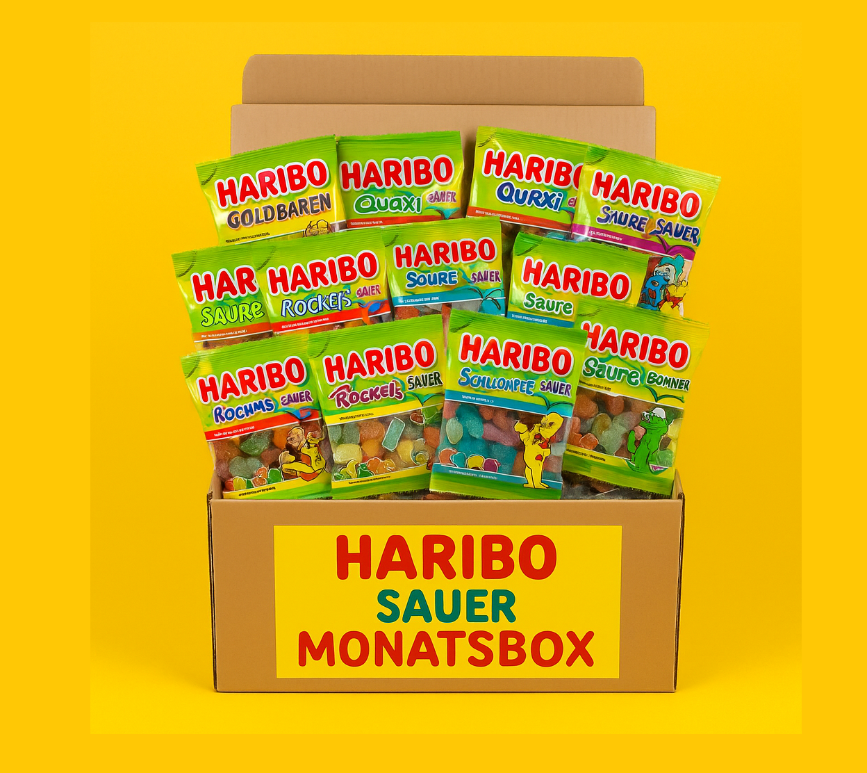 Offene Haribo Monatsbox mit bunten sauren Fruchtgummis in verschiedenen Formen und Farben.