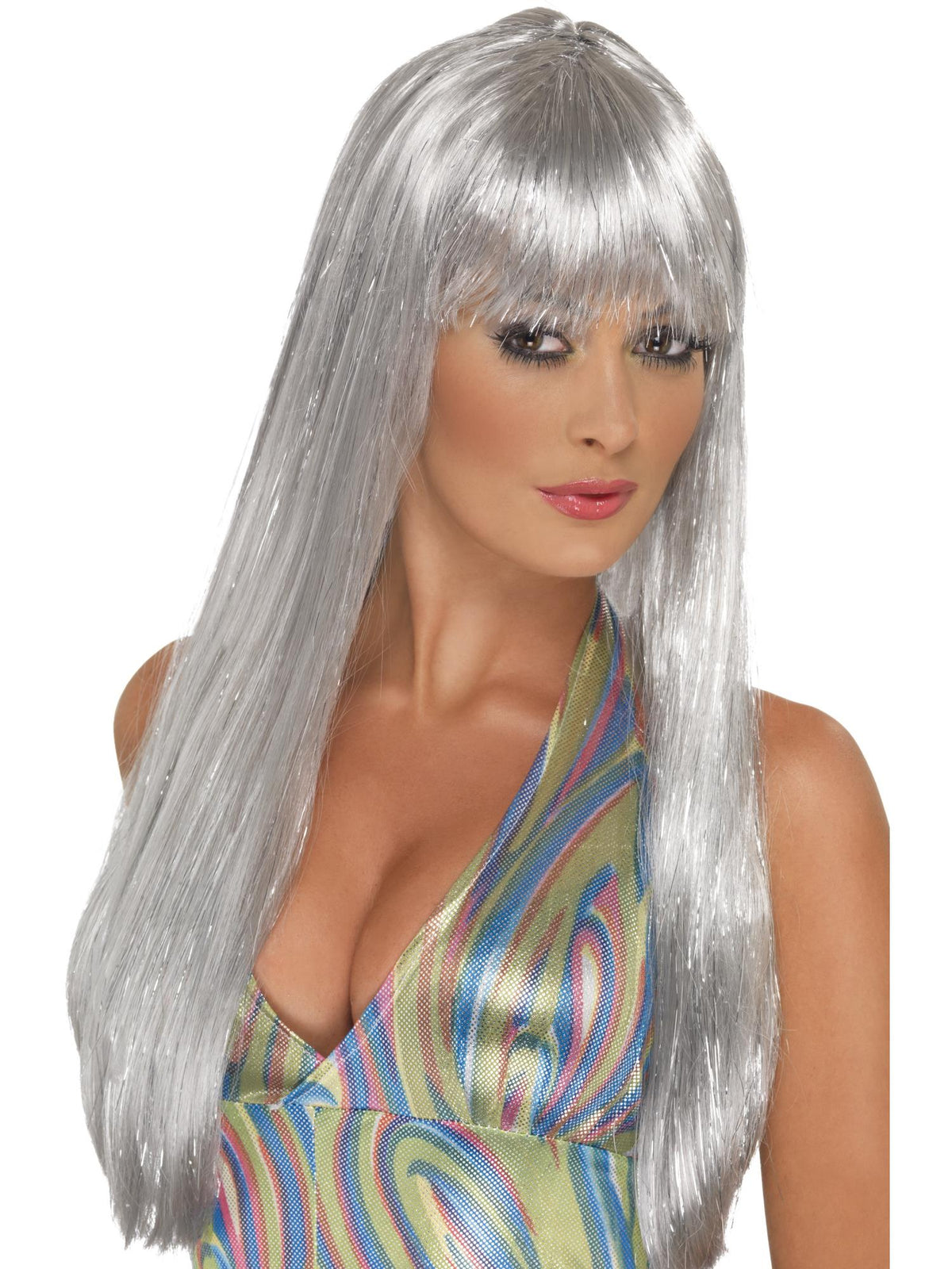 Smiffys Glitter Disco Wig Silver lange glatte Perücke mit Pony für Damen