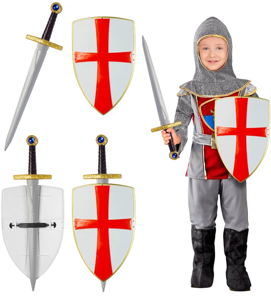 Weißes Kreuzritter Schild und Schwert Set für Fasnacht und Karneval