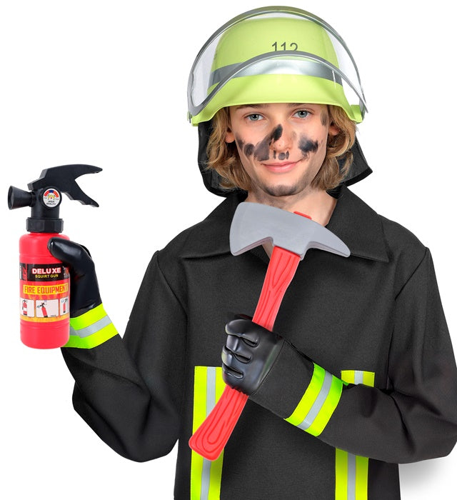 Feuerwehrmann Set mit Helm, Axt und Feuerlöscher für Fasnacht