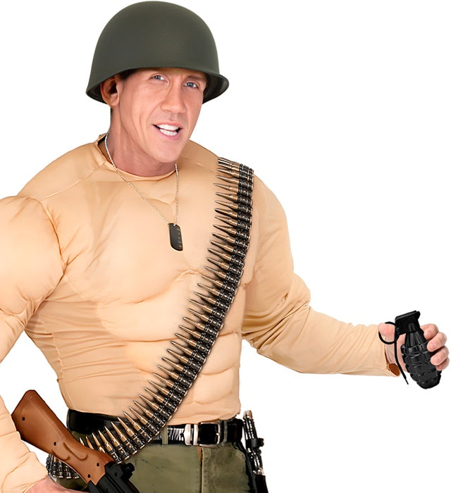 Militärset mit Helm, Gürtel mit Kugeln und Handbombe für Fasnacht