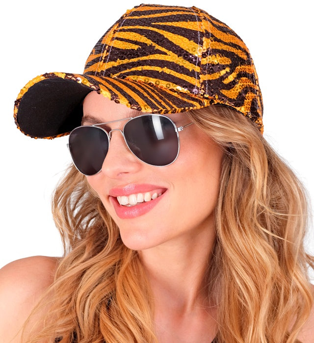 Pailletten Basecap mit Tigermuster in Gold- und Schwarztönen