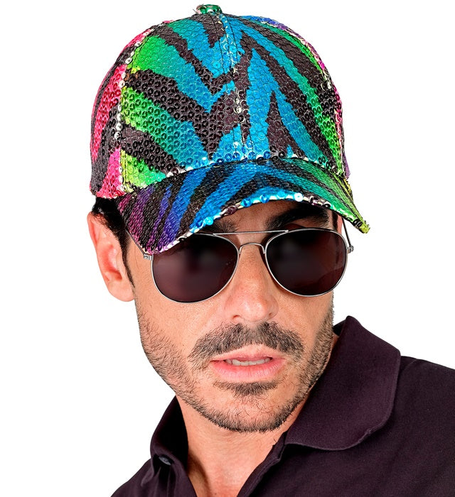 Bunte Pailletten Basecap im Tigermuster mit Regenbogeneffekt