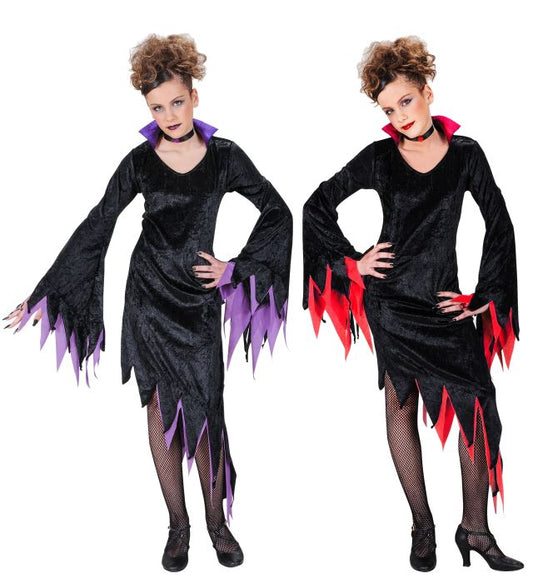 Dunkle Gebieterin Kostüm mit schwarzem Kleid, Kragen und Halsband in zwei Farbvarianten