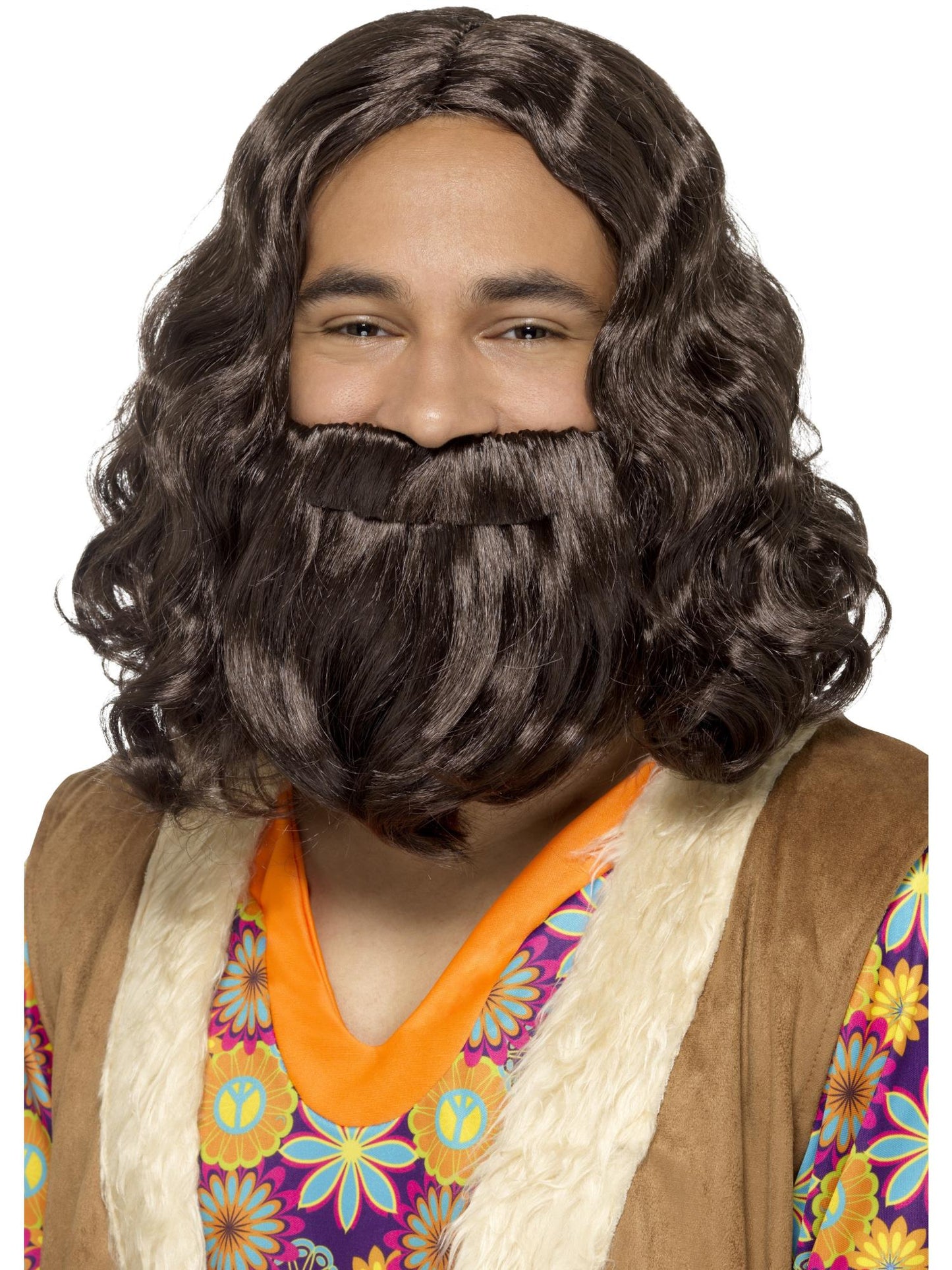 Smiffys Hippie/Jesus Wig & Beard Set, Brown für Herren
