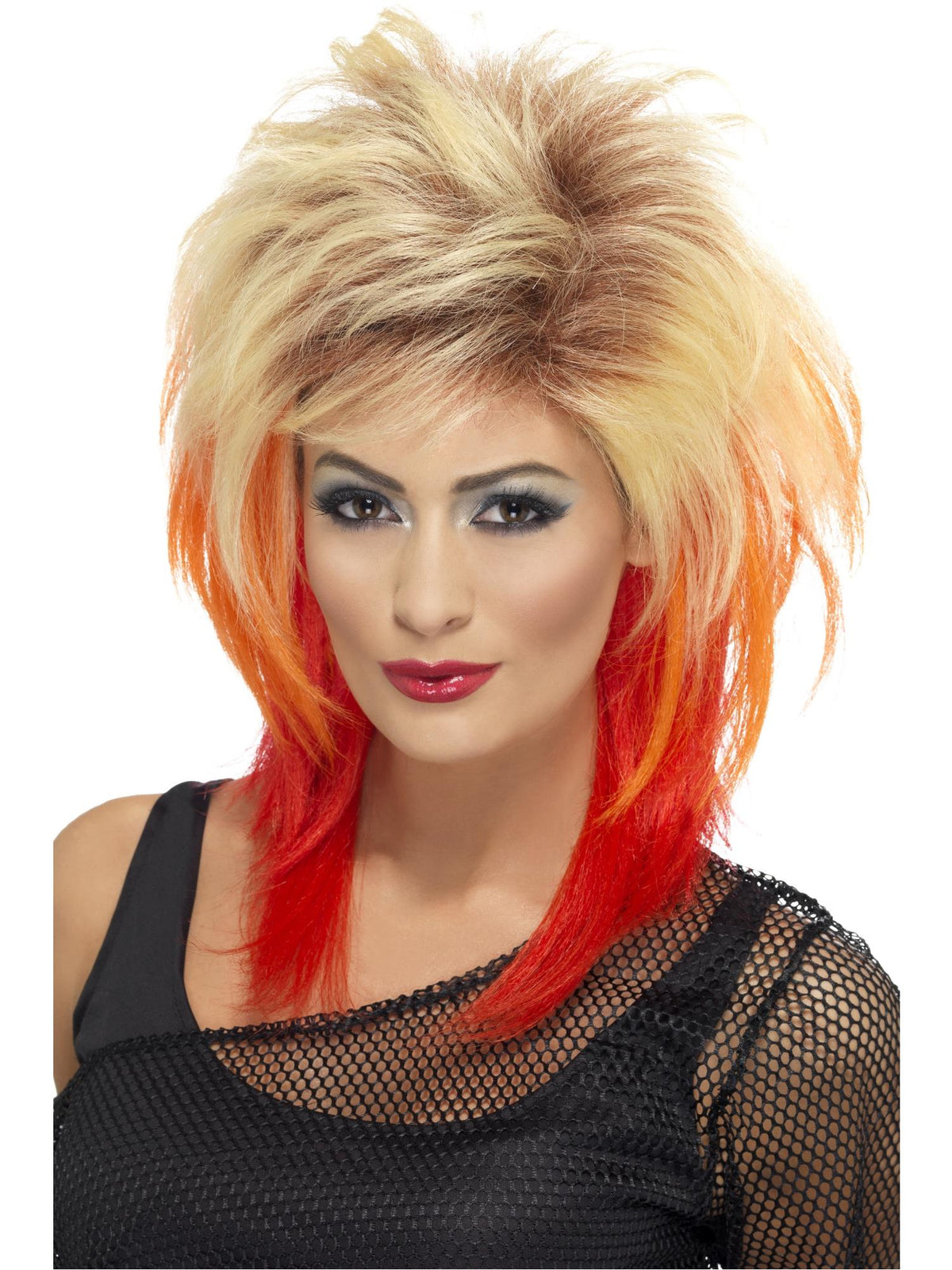 Smiffys blonde Mullet-Perücke im 1980er-Vokuhila-Stil für Damen mit roten Strähnen