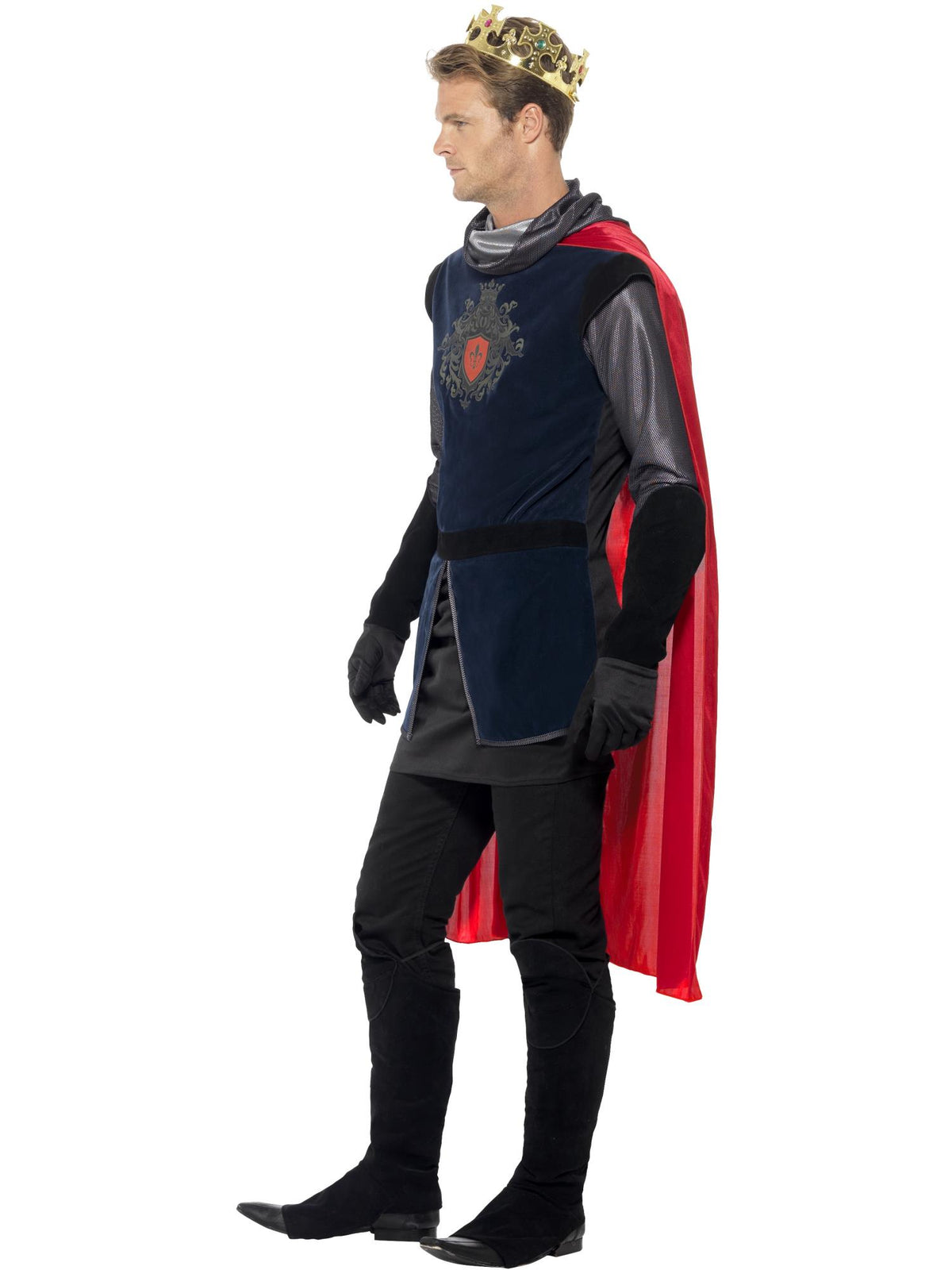 Smiffys King-Arthur-Kostüm für Herren in Schwarz mit Top Umhang Handschuhen Bootcovers und Krone – Seitenansicht
