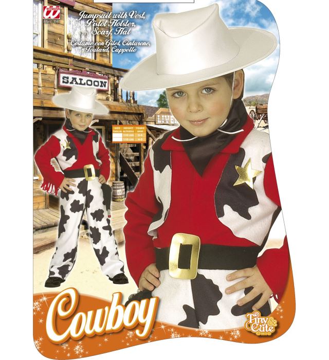 Cowboy-Kostüm mit Weste, Gürtel, Halstuch und Cowboy-Hut auf weißem Hintergrund