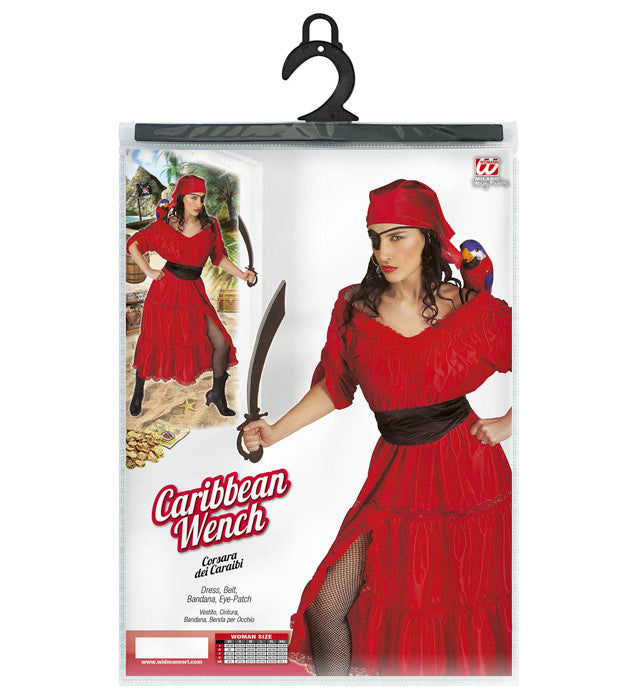 Karaibisches Piratenfrauen-Kostüm mit Kleid, Gürtel, Bandana und Augenklappe
