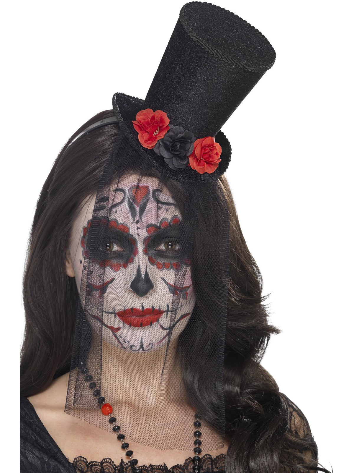 Smiffys DAYDEAD schwarzer Mini-Tophat mit Rosen und abnehmbarem Spitzenschleier am Haarreif