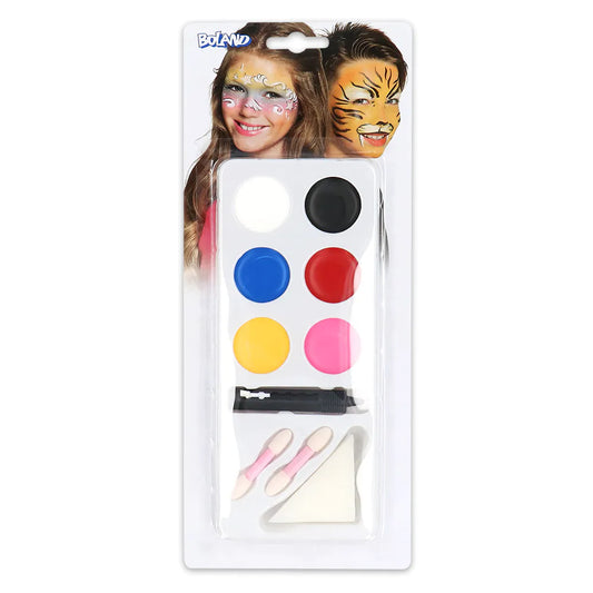Boland Schmink Kit Jungen und Mädchen mit 6 Farben, Schwamm und 2 Pinseln – Produktansicht