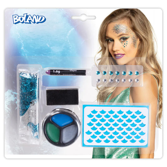 Boland Schminkset Meerjungfrau mit Schablonen, Strasssteinen, Make-up-Stift, Schminke, Glitzergel und Schwamm – Produktansich