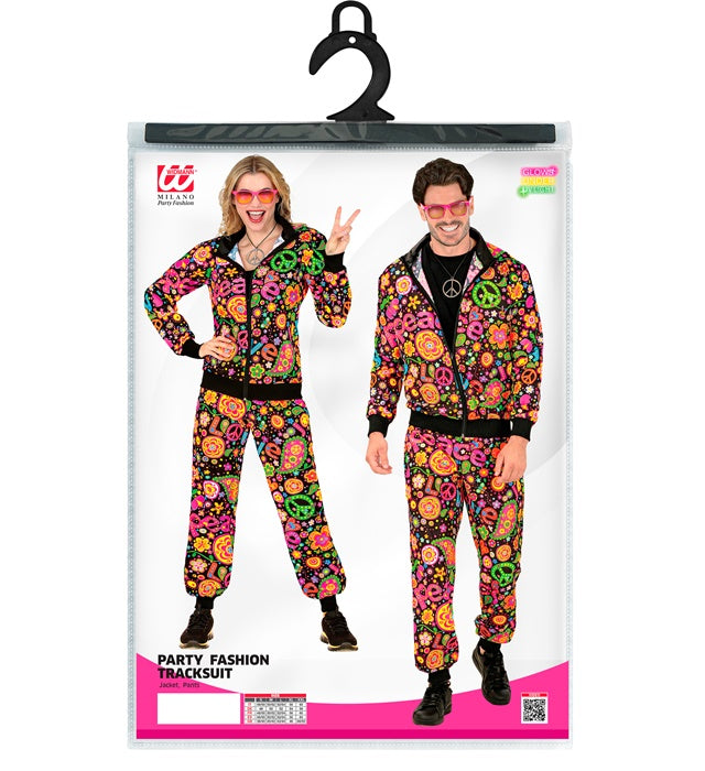 Neon Peace & Love Hippie Trainingsanzug mit buntem Oberteil und Hose für Fasnacht