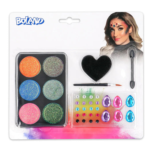 Boland Schminkset Glamour mit Glitzer-Gesichtsfarbe, Strasssteinen und Applikatoren - Produktbild – Produktansicht
